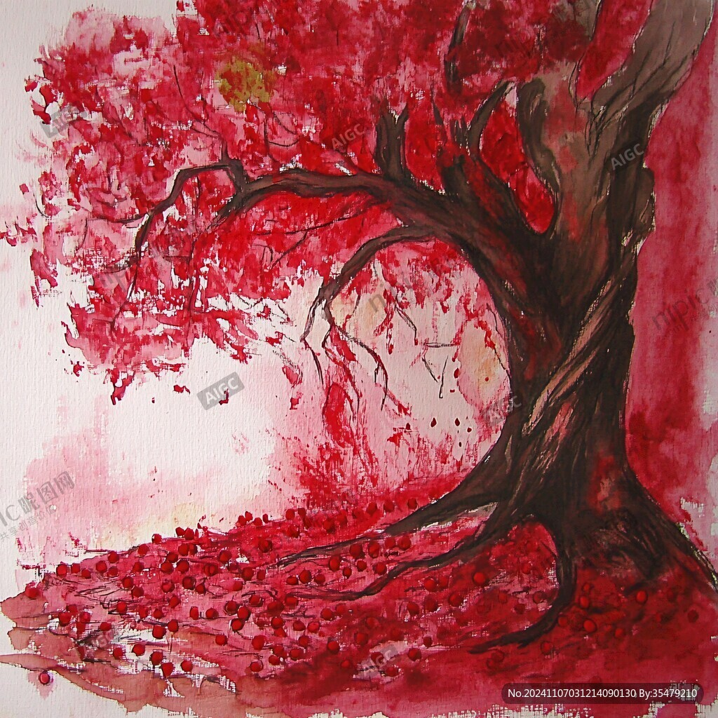 红枫树油画