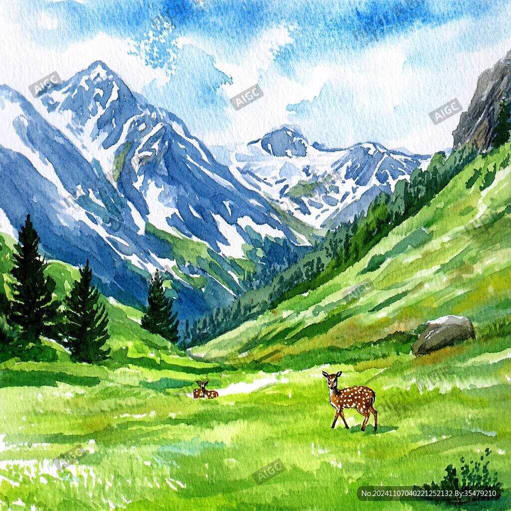 手绘草原草雪山