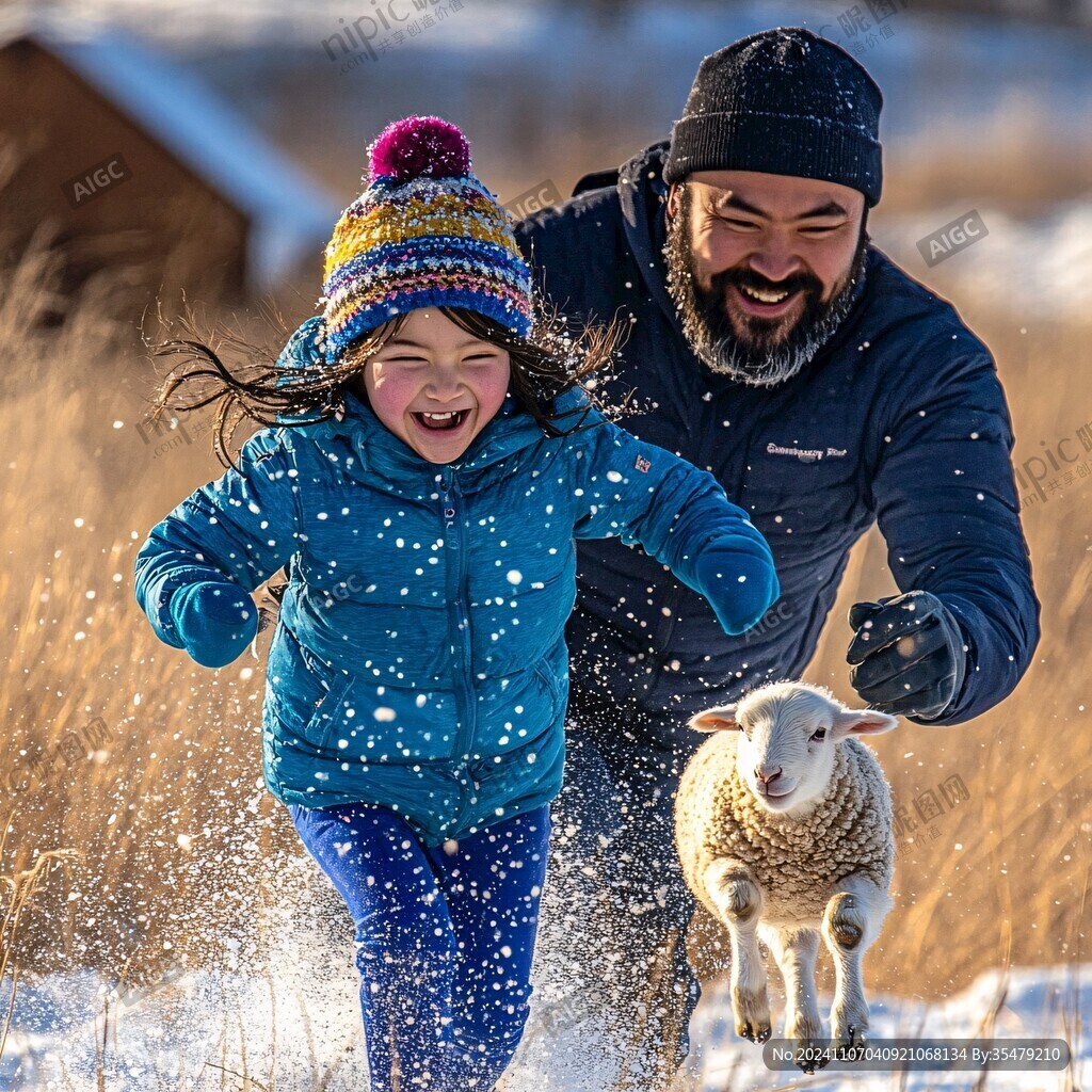 雪地上散步的父女