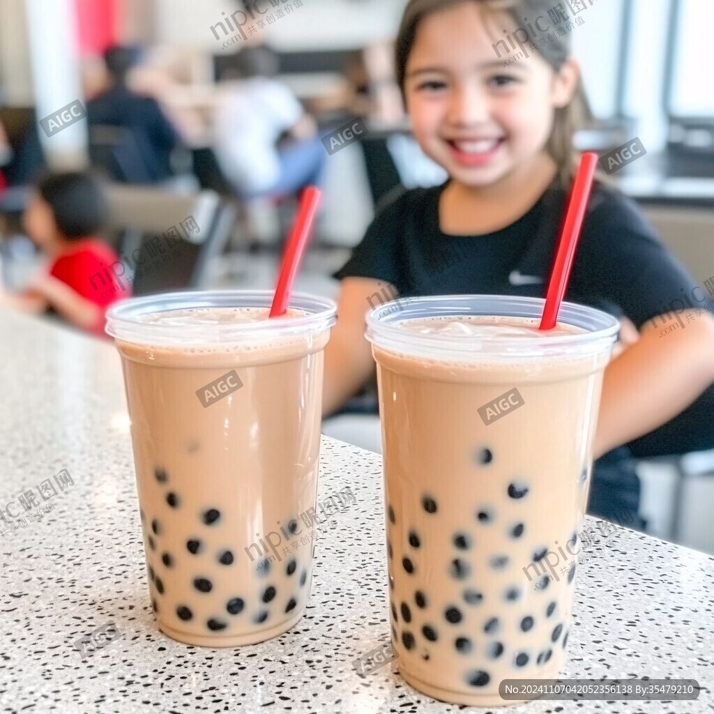 喝奶茶的小姑娘