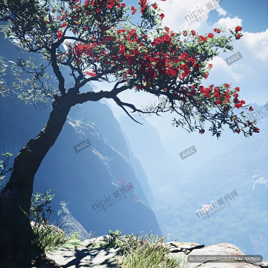 乡村大树红花植物