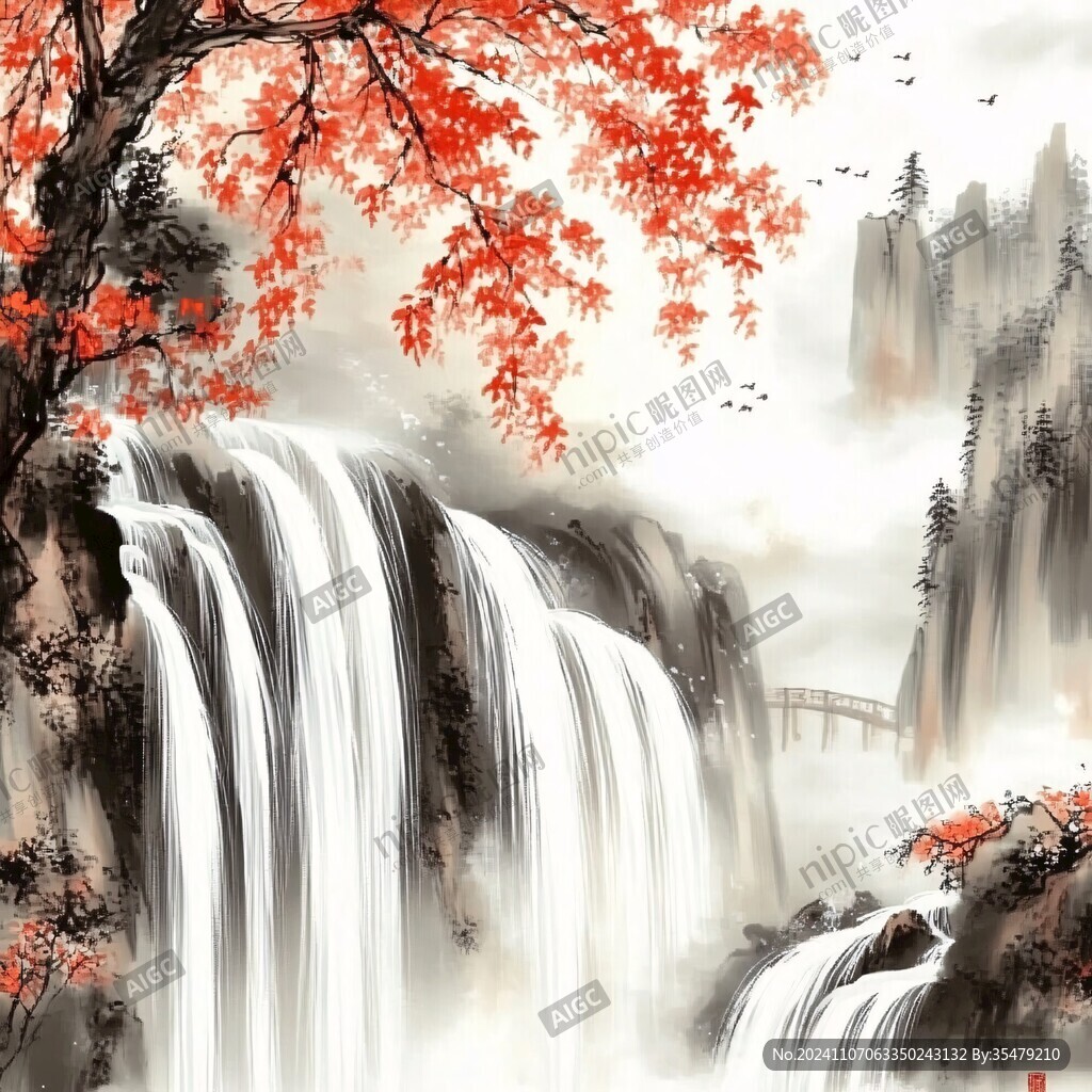 瀑布风水画