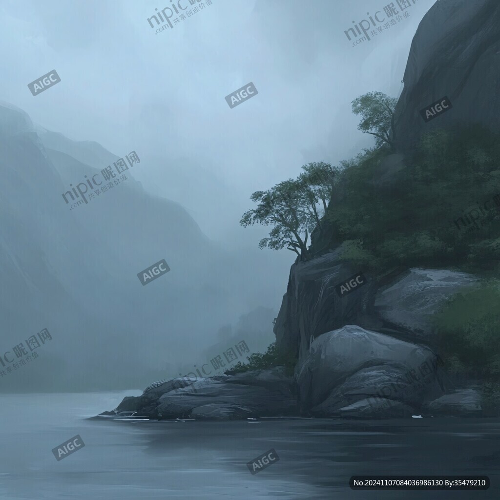 雨后朦胧山水禅意画