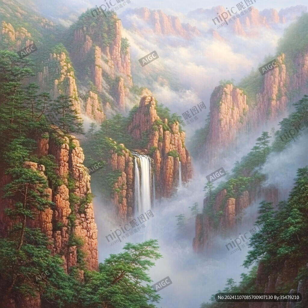 山水风景油画瀑布