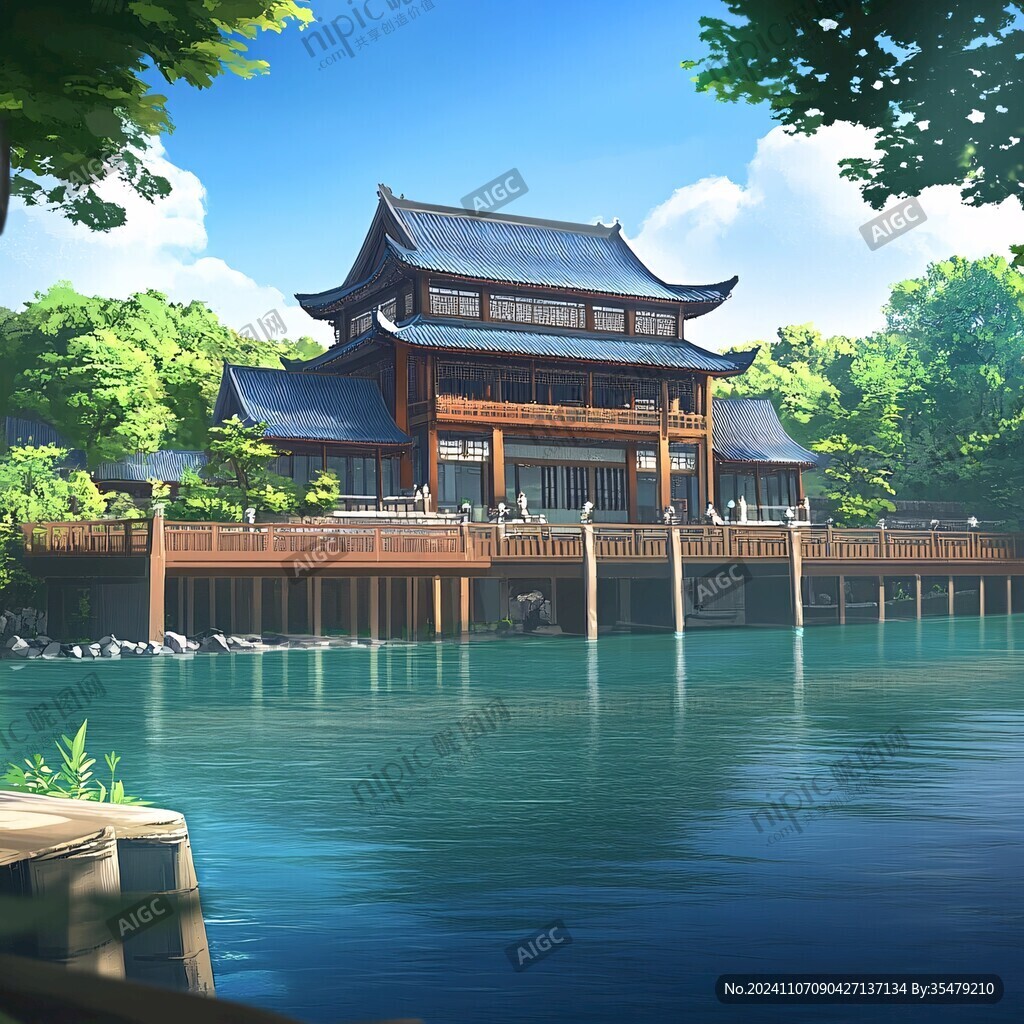 日式湖景建筑