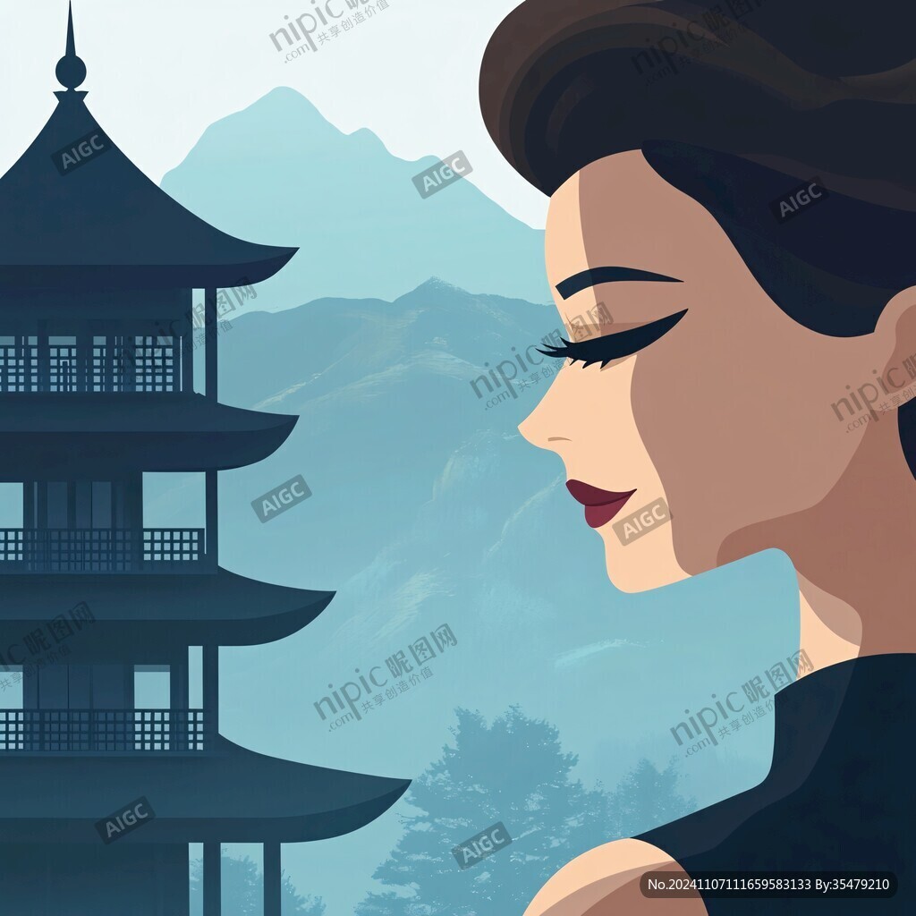山水亭台楼阁女子插画