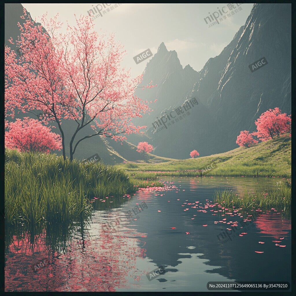 粉红色的奇幻景观与粉红色的水