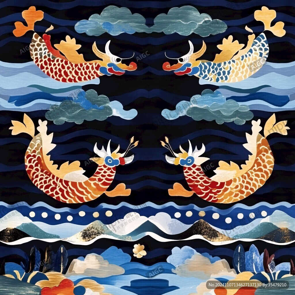 海水纹国潮插画