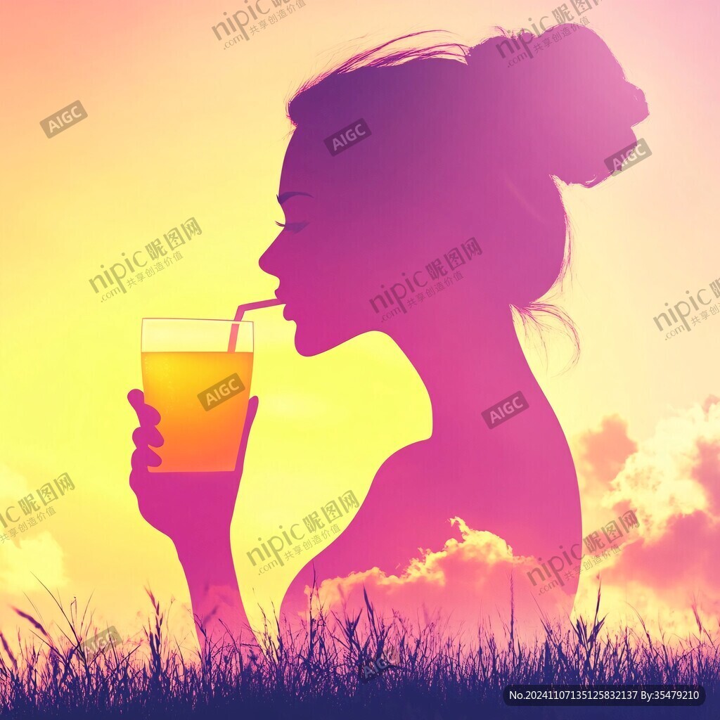 手绘喝饮料美女