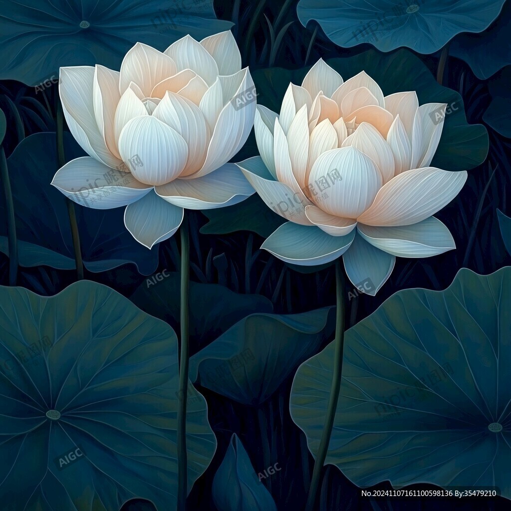 深蓝背景荷花图