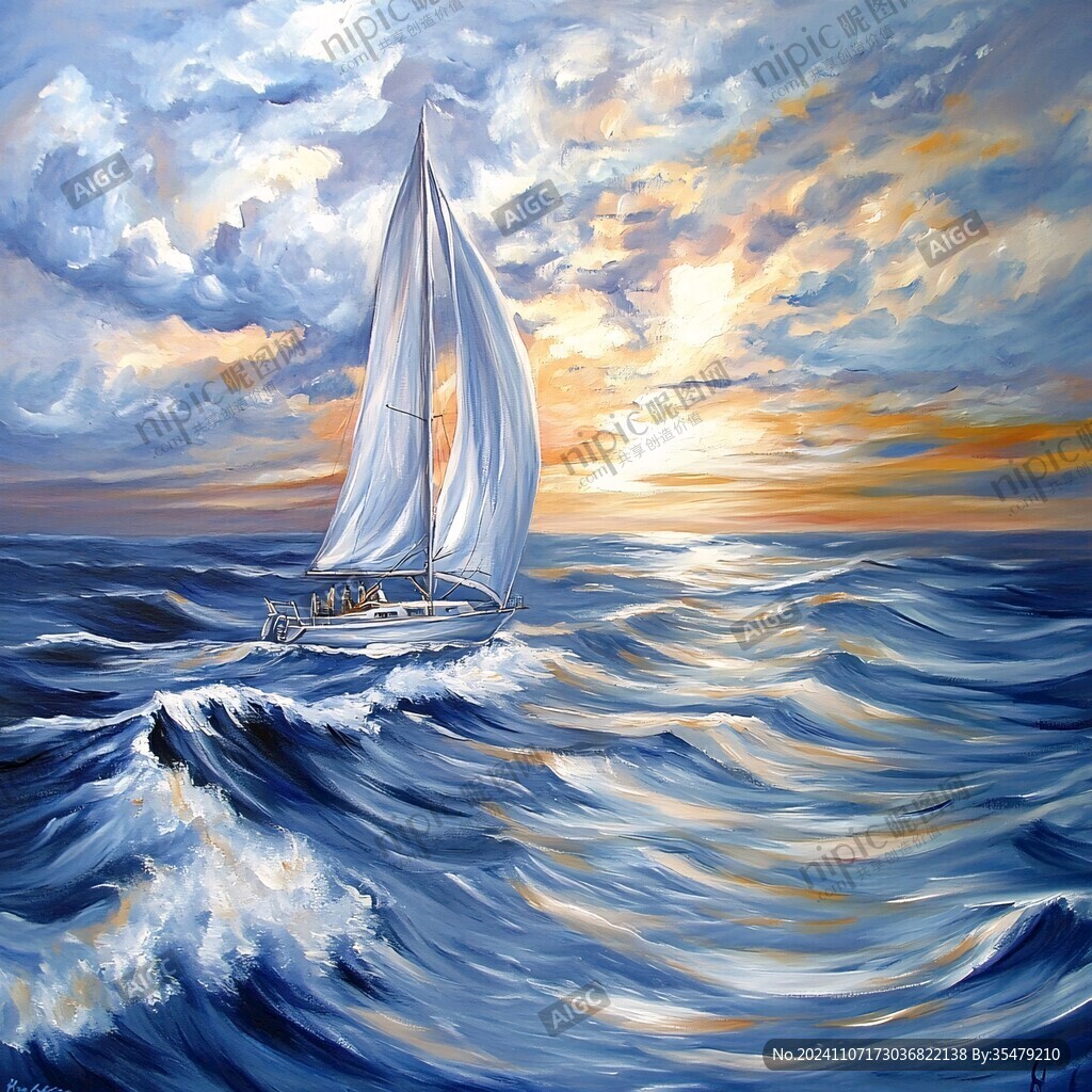 扬帆踏浪油画