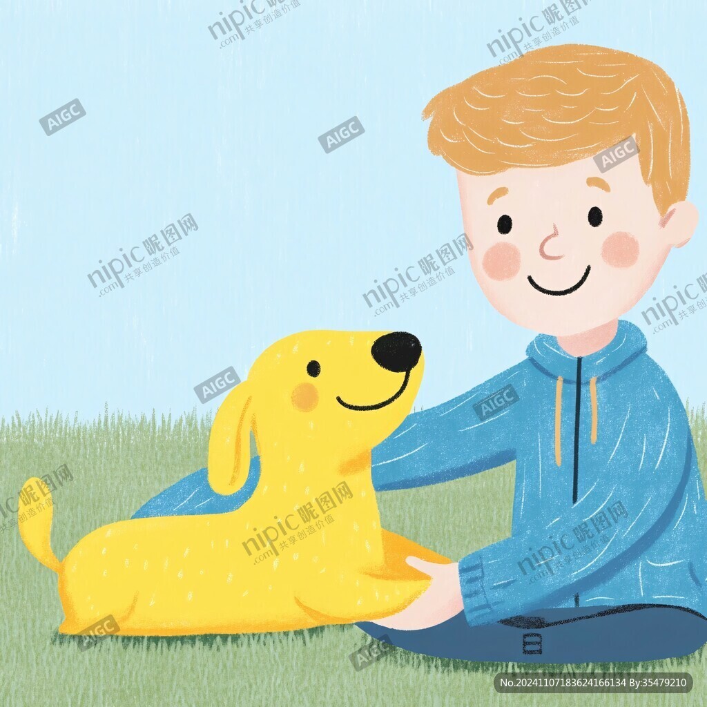 小孩牵狗插画