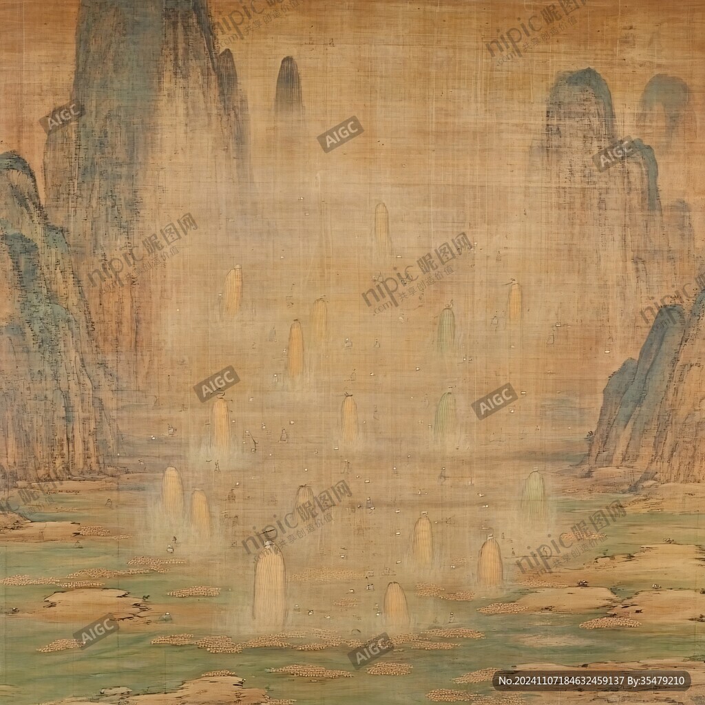 黄地绘山水纹图
