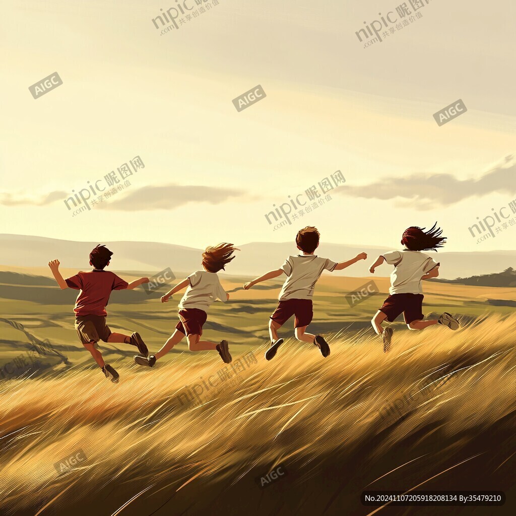 草地奔跑的少年插画