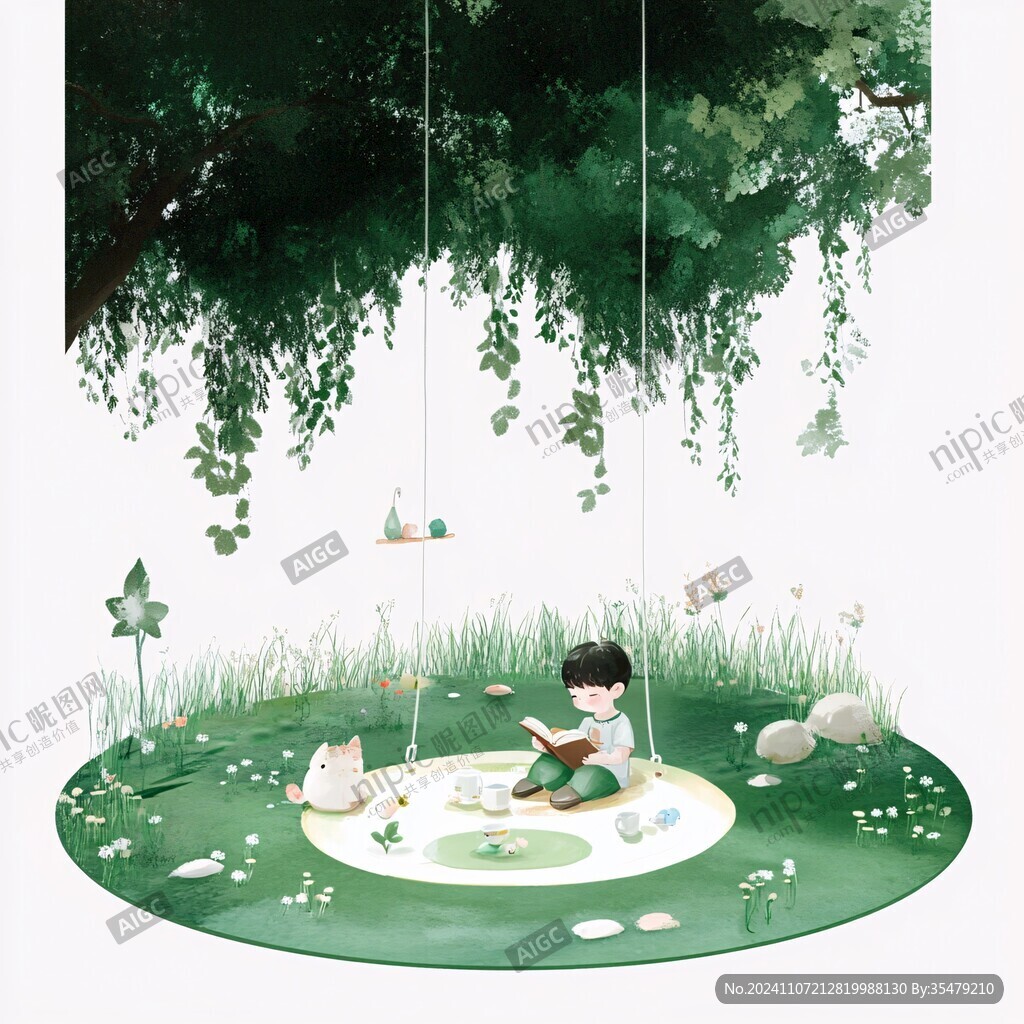 树下看书的孩子