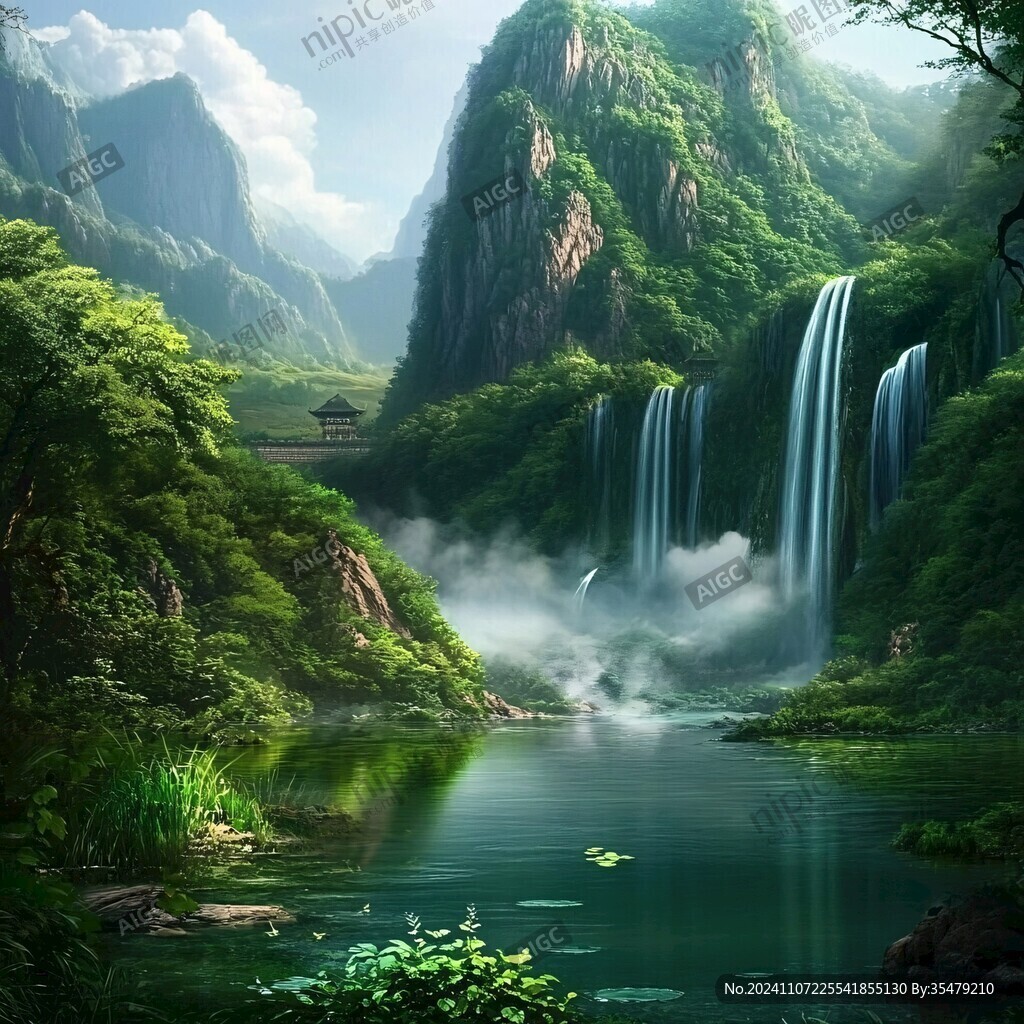 山水风景油画瀑布