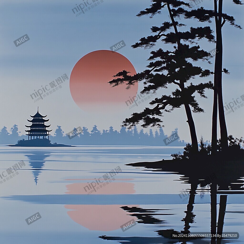 中式山水日出