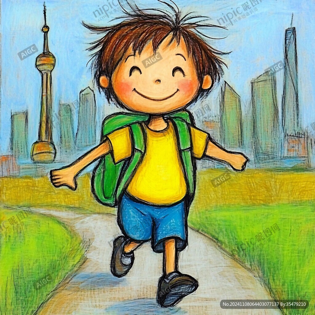 手绘奔跑上学的少年