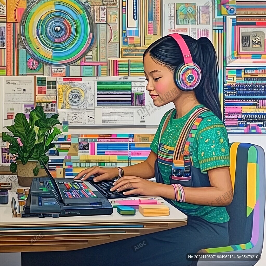 女生做设计插画
