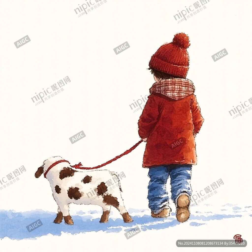 小孩牵狗插画