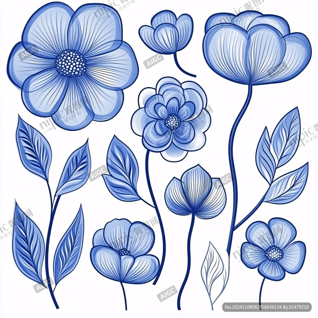 蓝色花手绘图