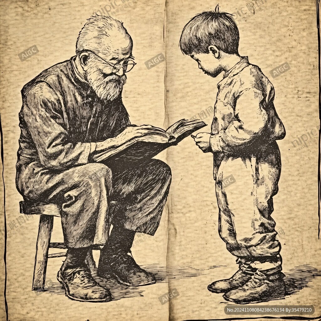 读书小孩与老人人物