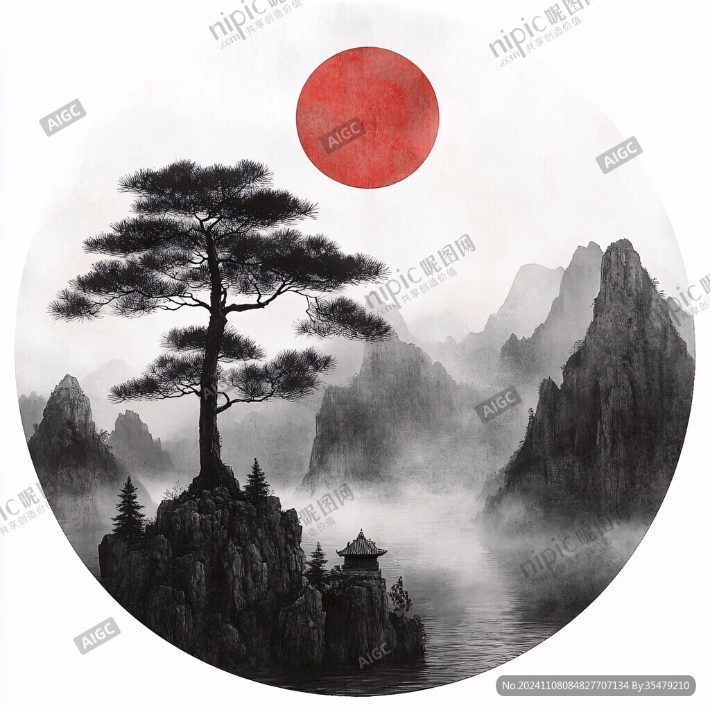 圆形迎客松装饰画