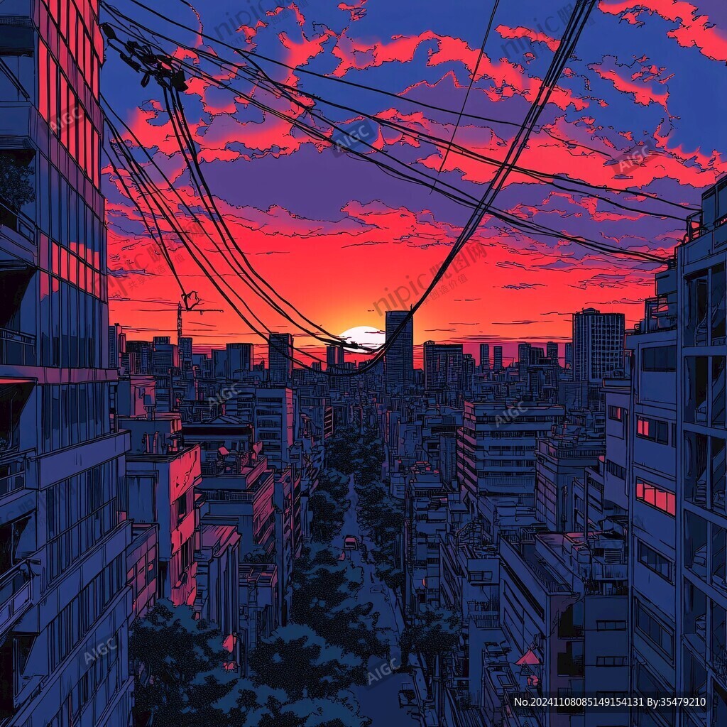 日落街道插画