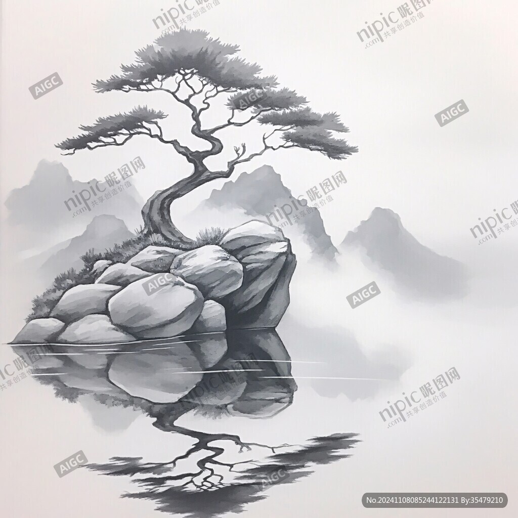 禅意迎客松水墨画