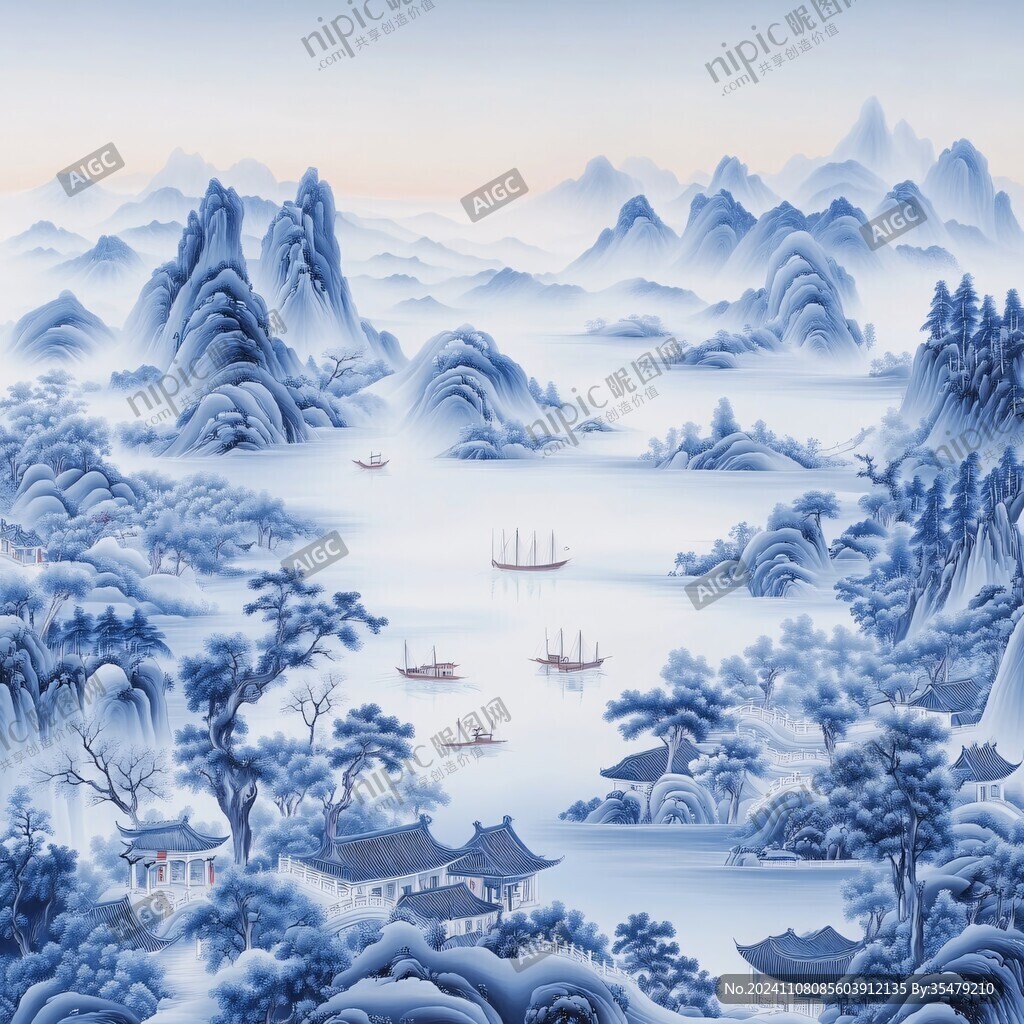国潮建筑山水场景