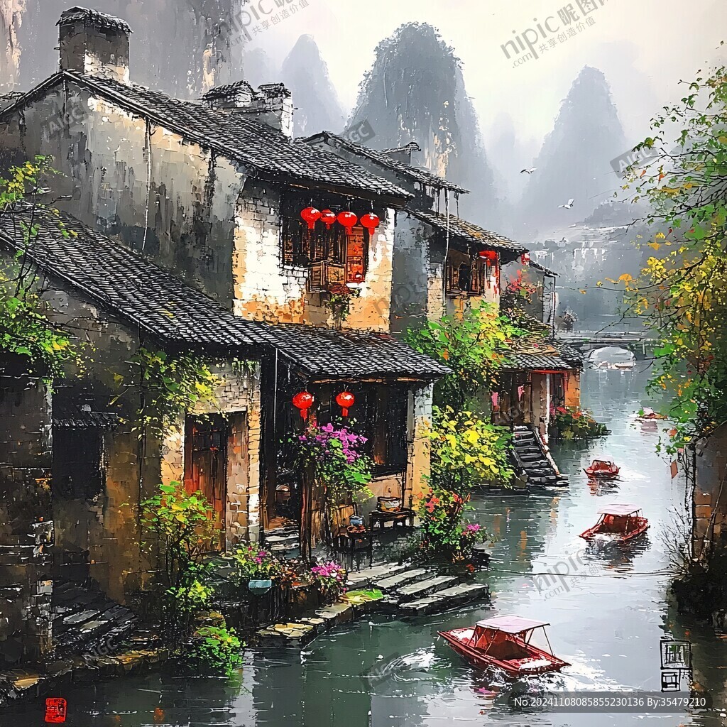 江南古镇油画效果