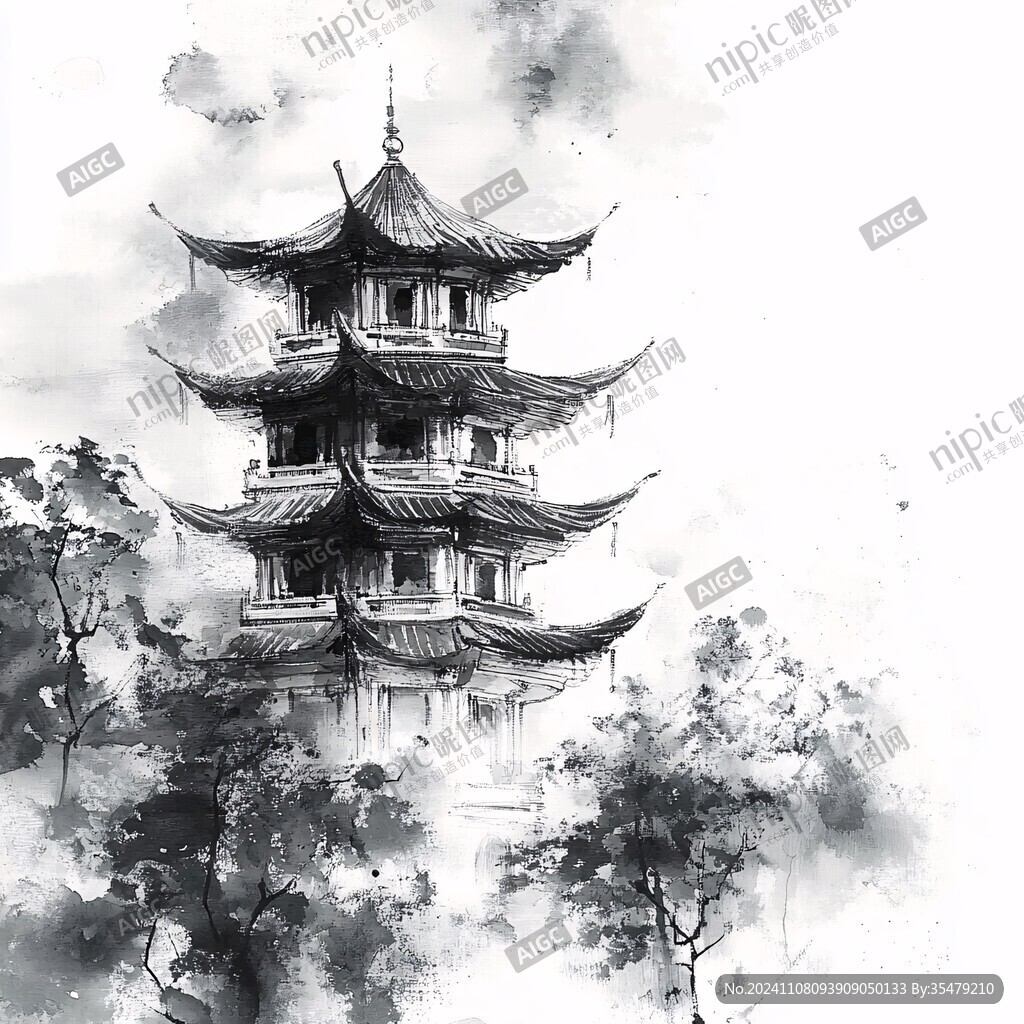 古楼水墨画