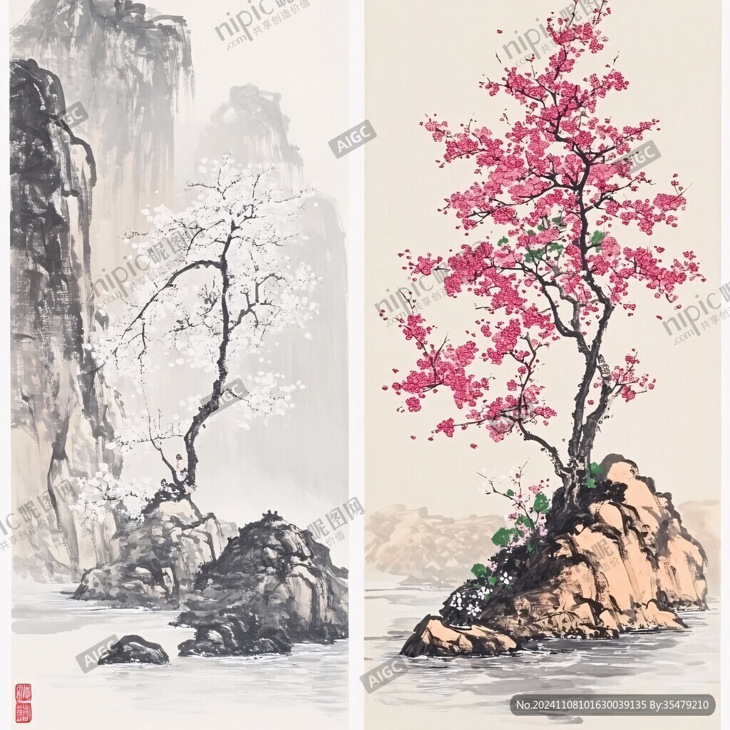 工笔手绘红墙梅花