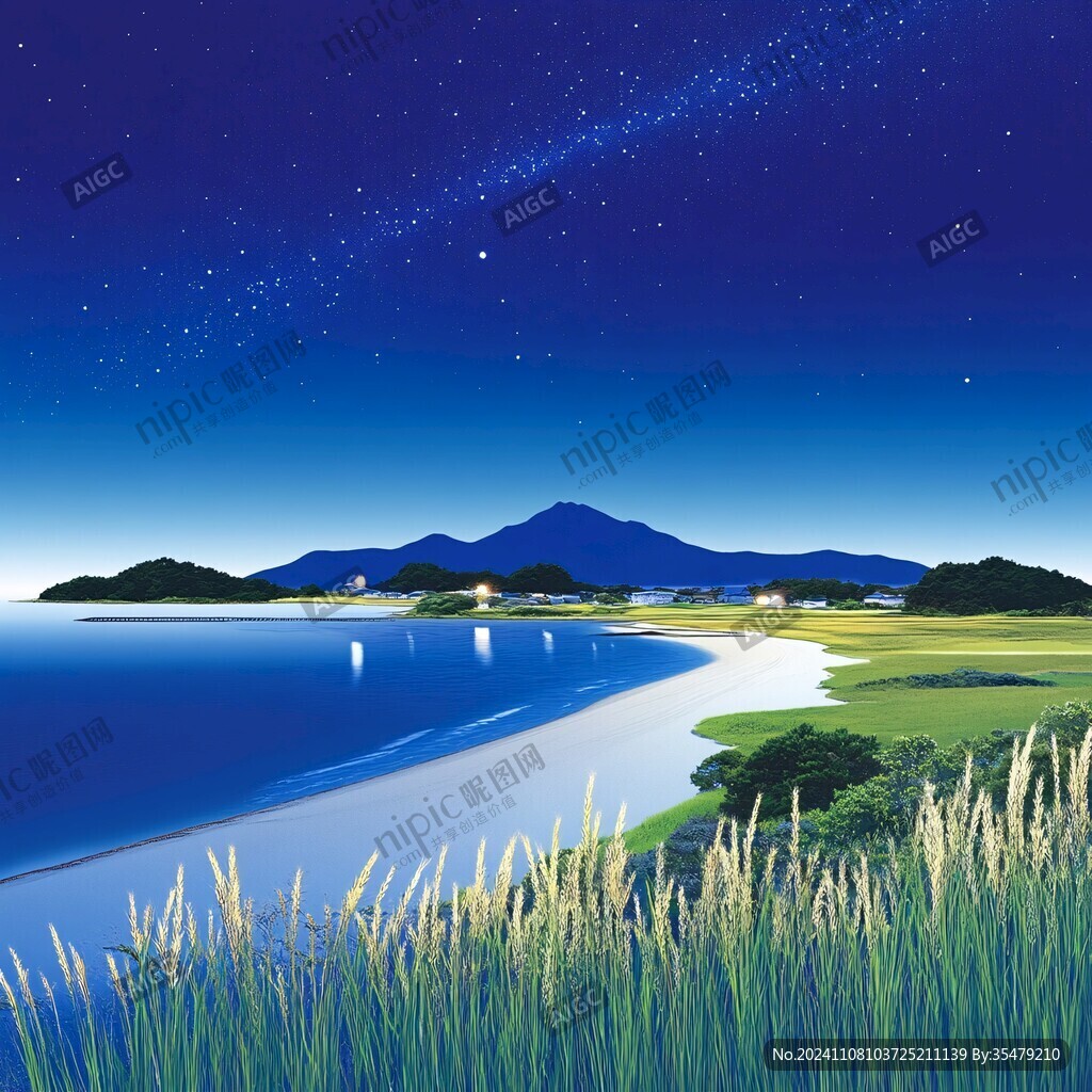 插画夜景湖泊