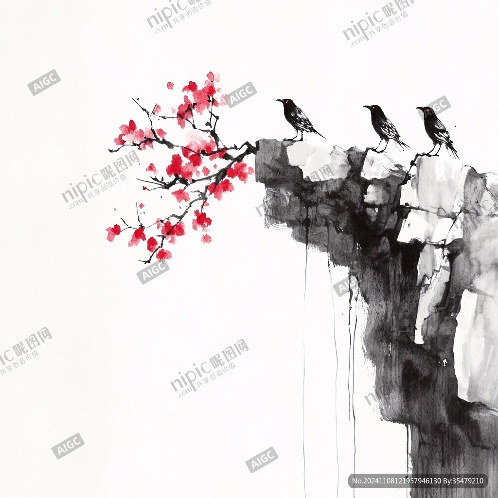 水墨红梅喜鹊