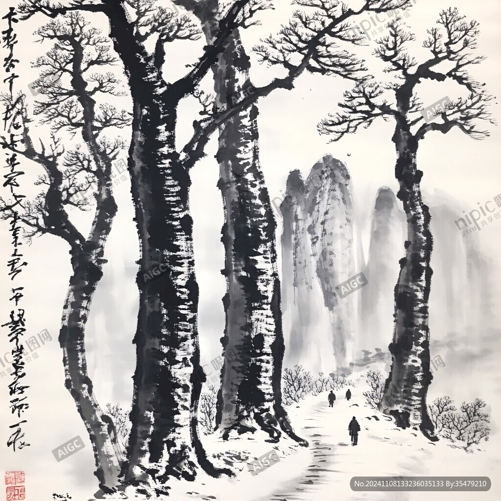 白杨林水墨画