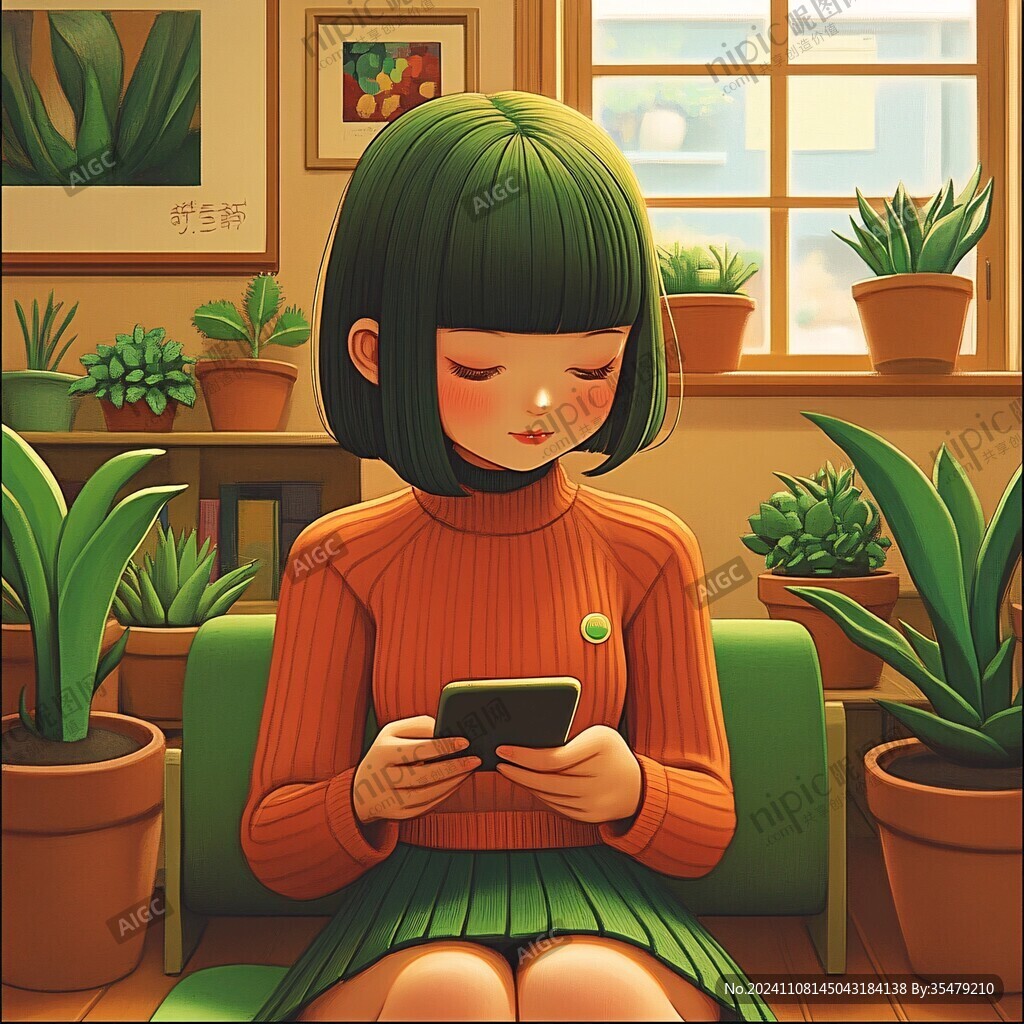 墨绿色女孩插画