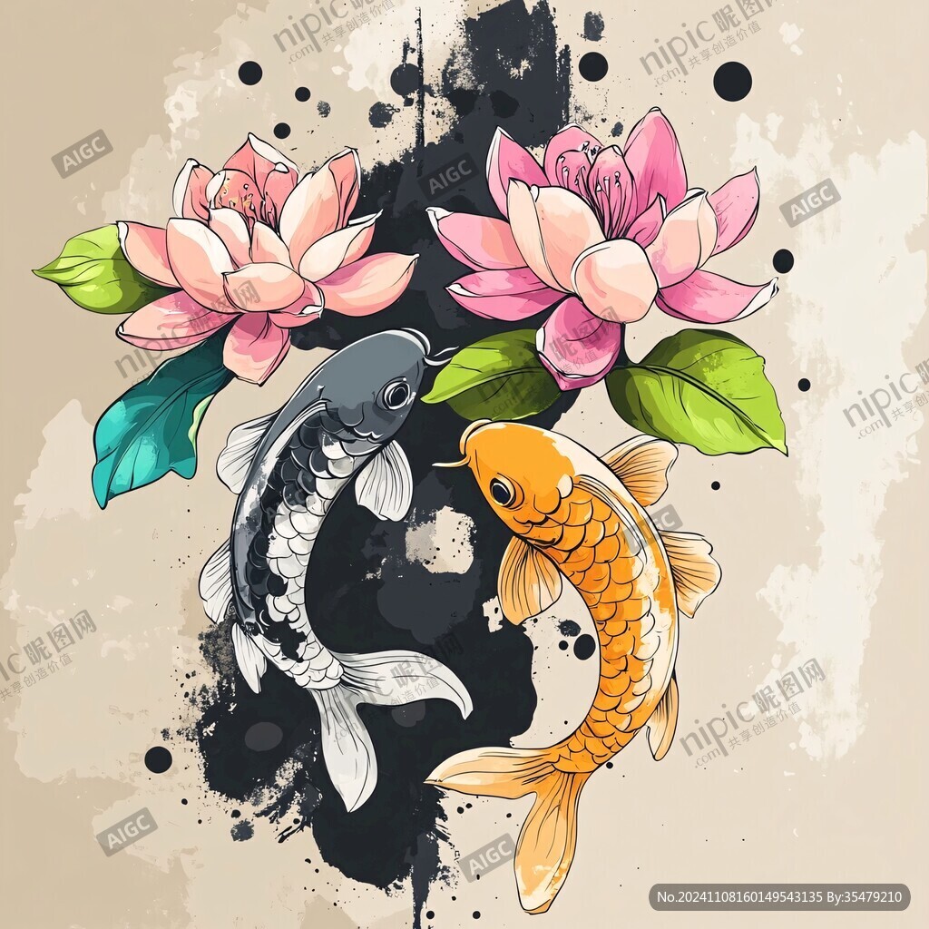 荷花锦鲤插画