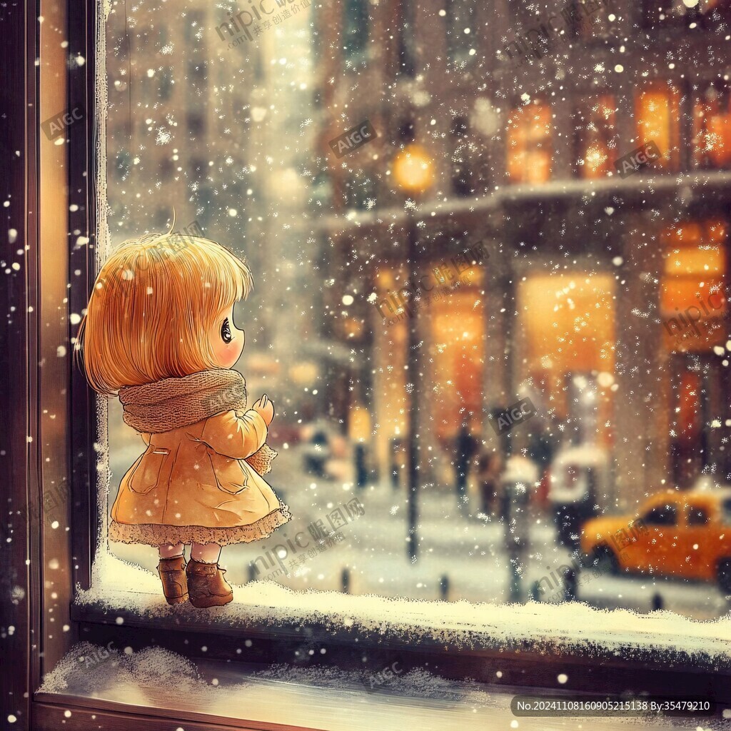 女孩看窗外雪景