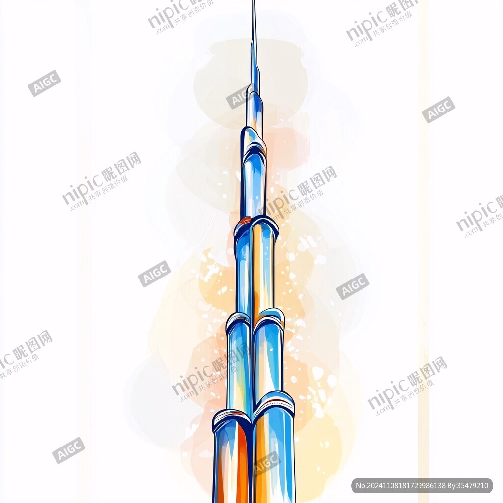 迪拜手绘迪拜塔水彩