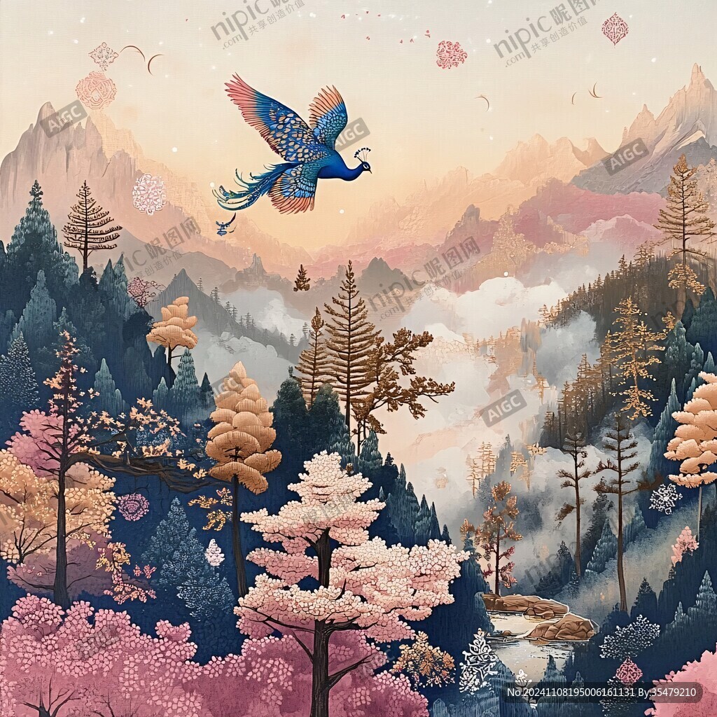 山水花鸟创意插画