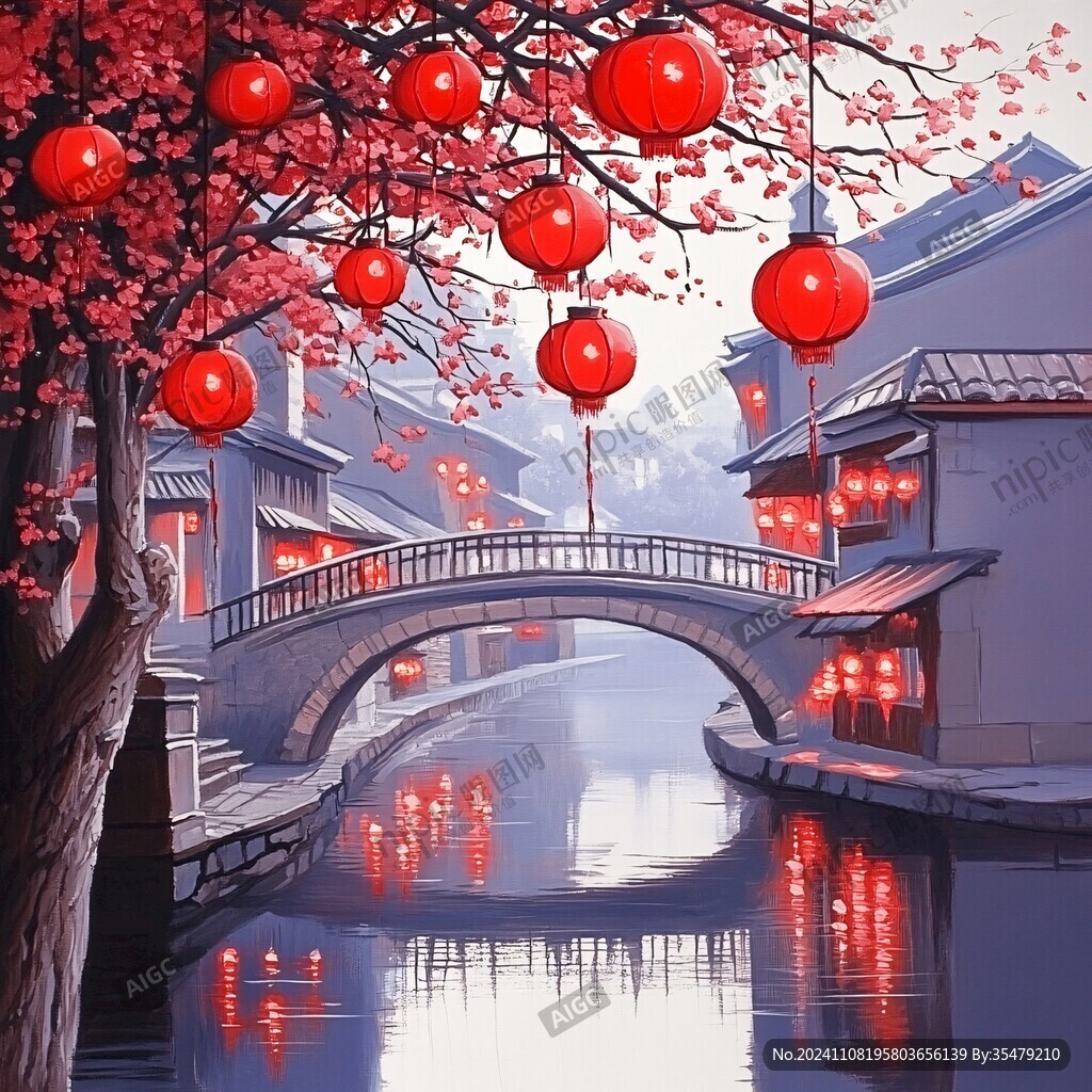 山水画江南水乡红灯笼