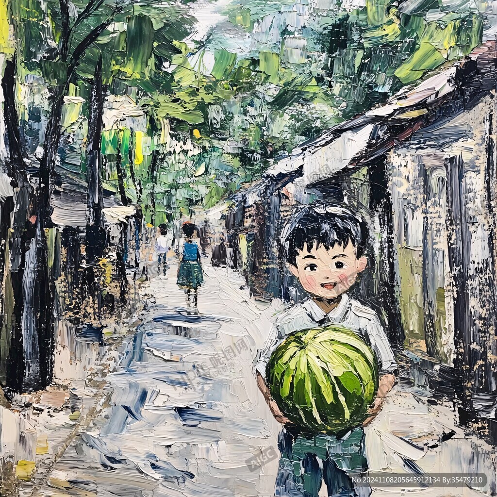 手绘西瓜与小孩