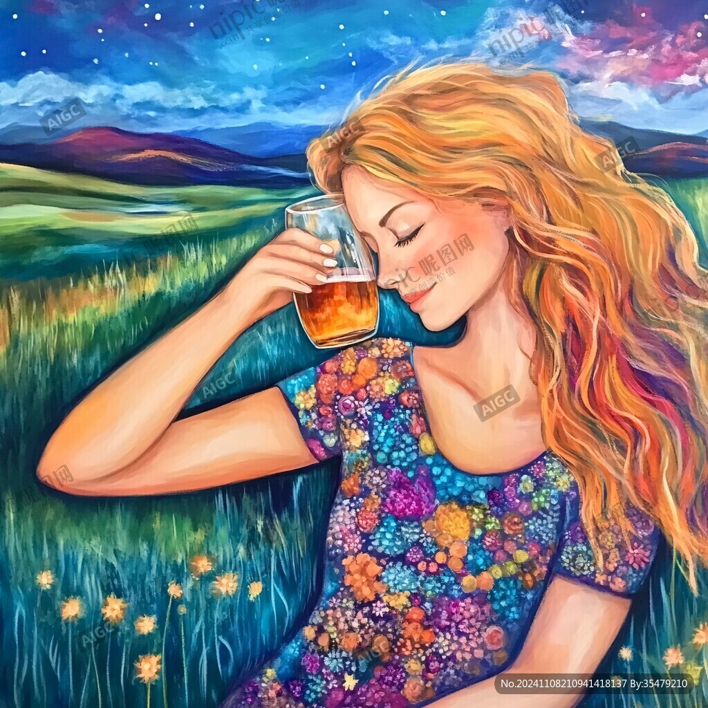 手绘美女醉酒插画