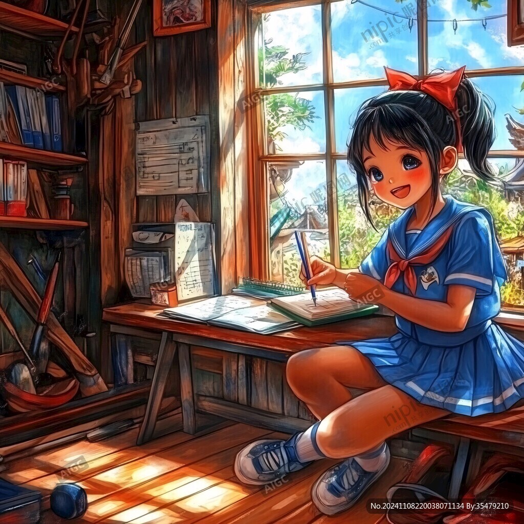 女学生唯美插画