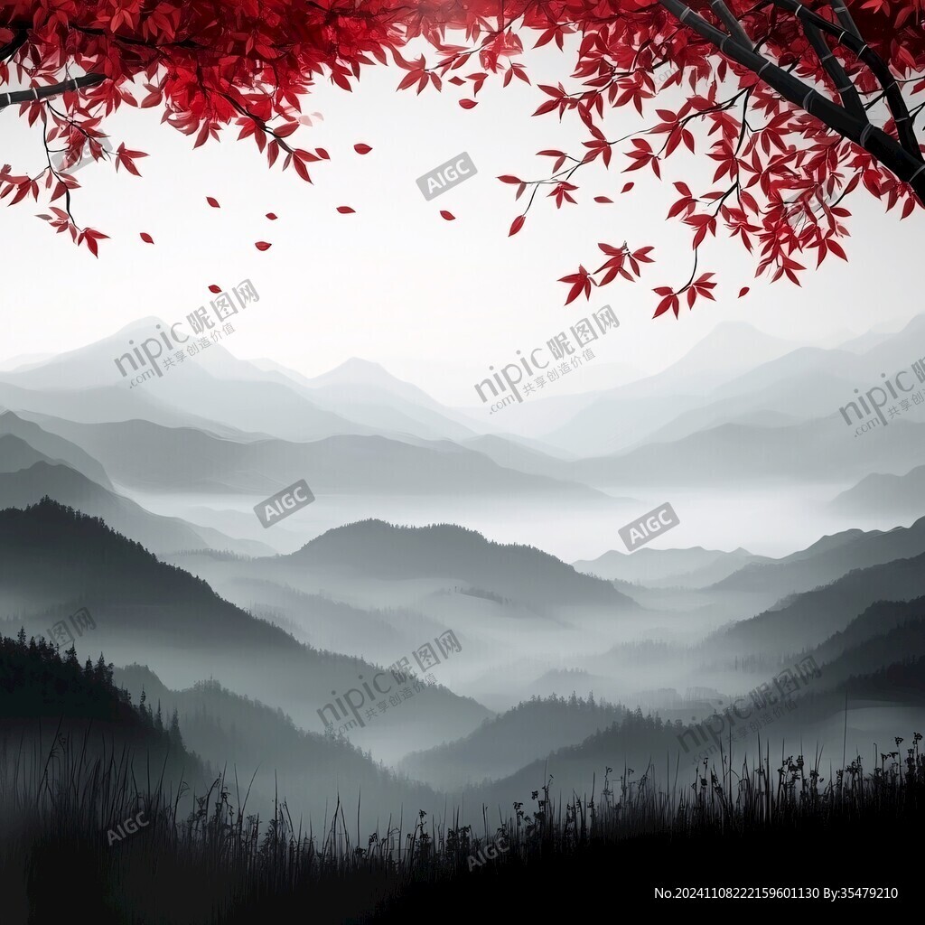 红枫配山水