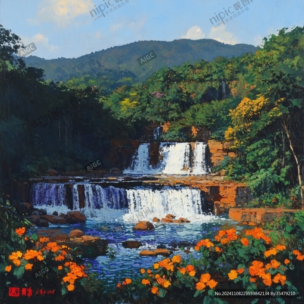 红滩瀑布油画