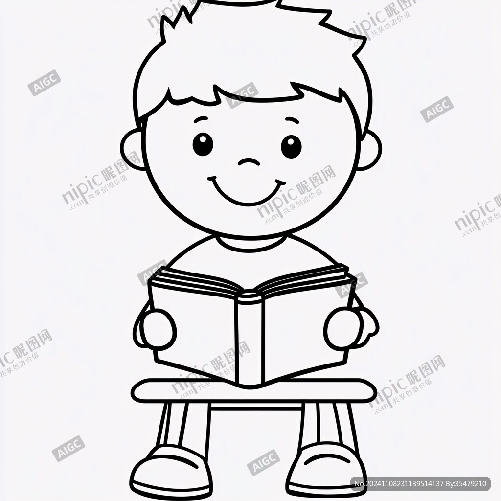 手绘读书小男孩
