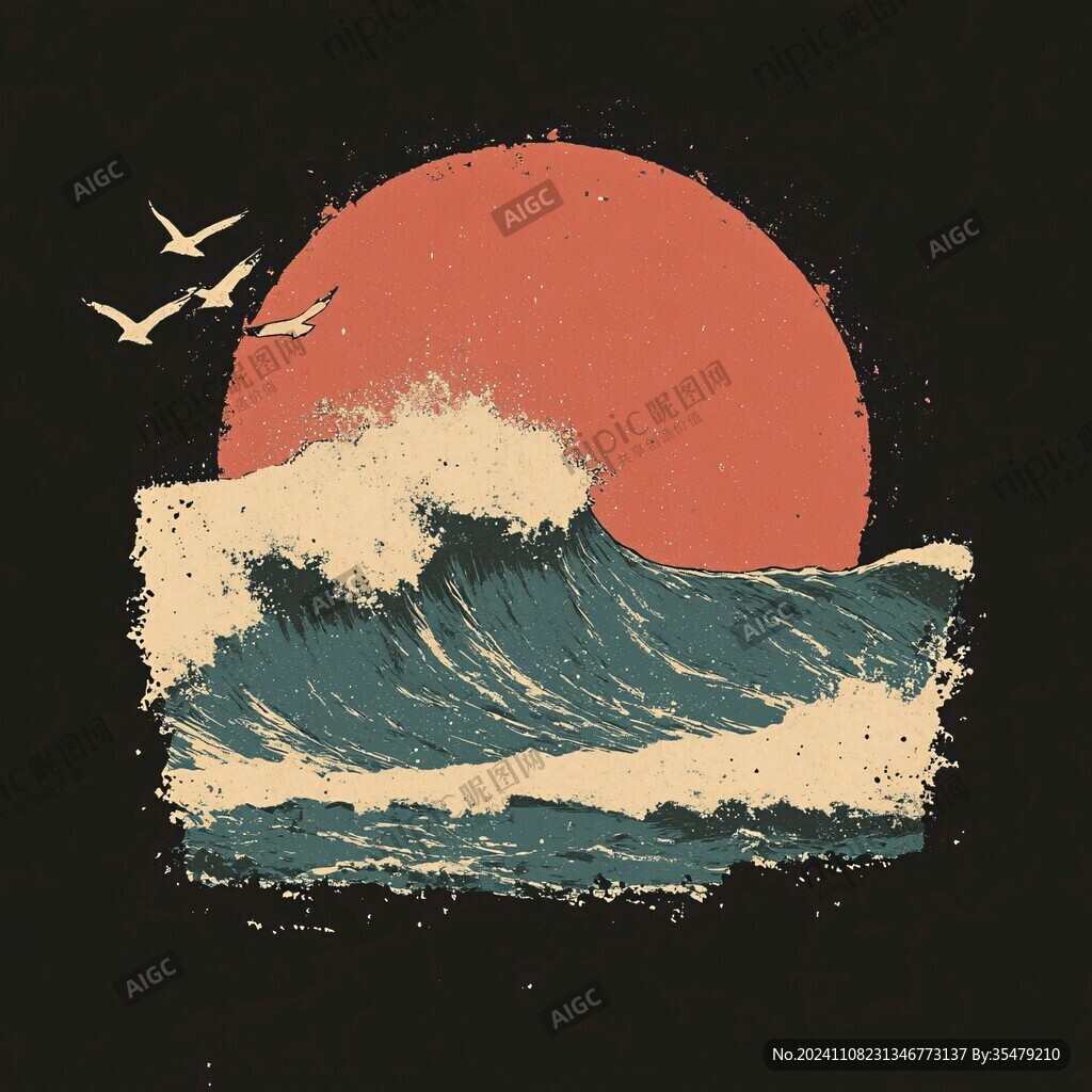 手绘海浪旭日东升