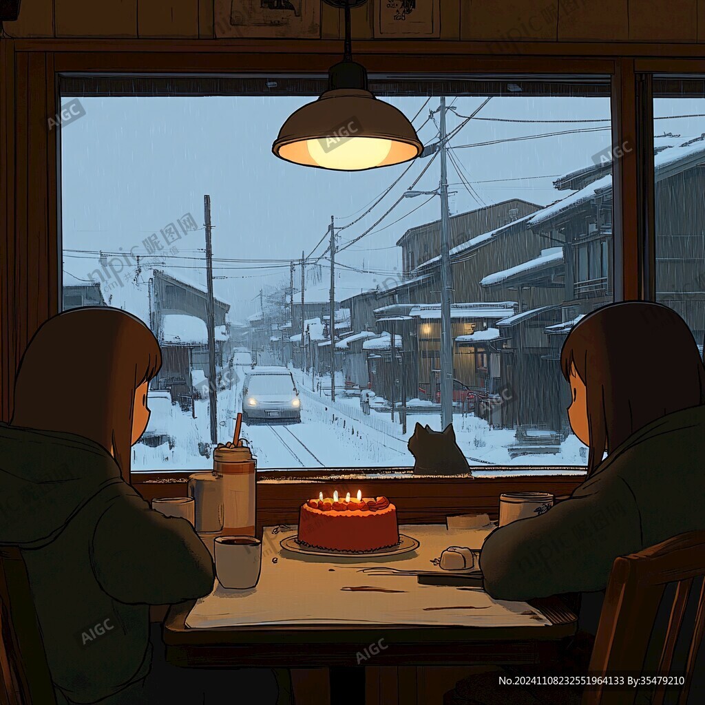 女孩看窗外雪景